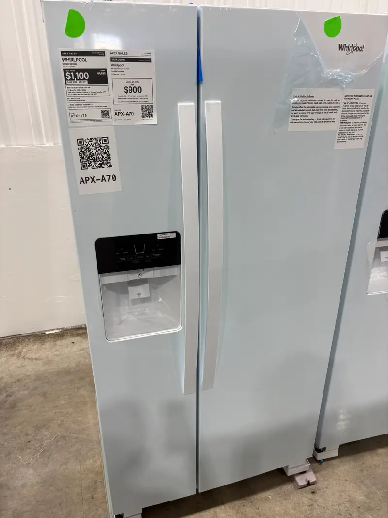APX-A70 — Whirlpool WRS321SDHW Refrigerator, White, front — Columbia