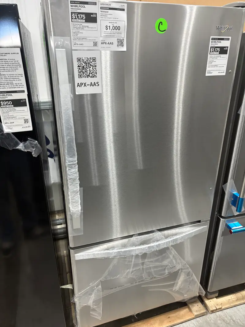 APX-AAS — Whirlpool WRB322DMBM06 Bottom Freezer Refrigerator, Stainless Steel, front — Columbia