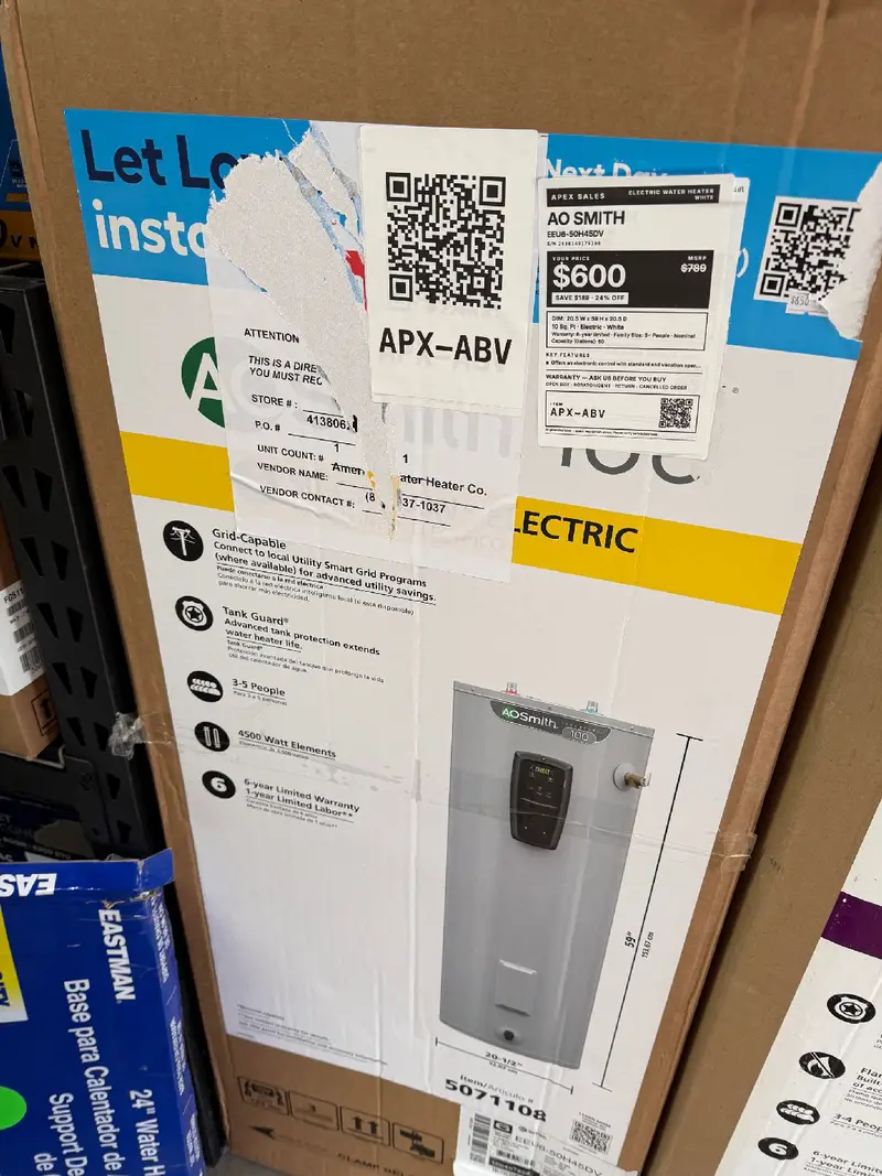 APX-ABV — A.o. Smith EEU6-50H45DV Water Heater, White, front — Jefferson City